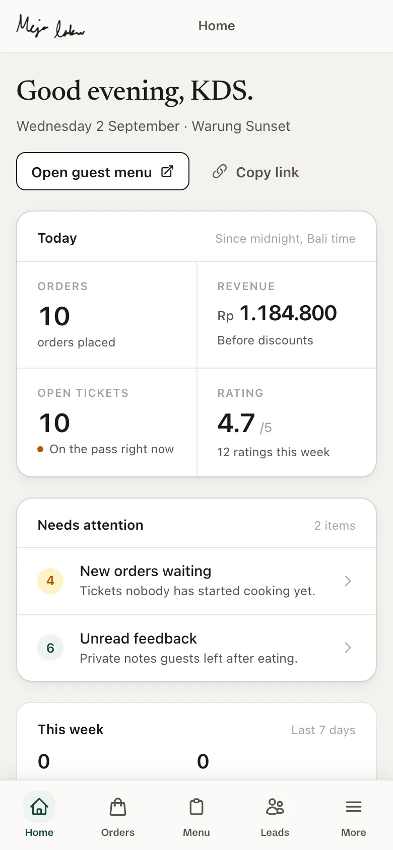 The owner dashboard on a phone: orders, scans, rating, live activity